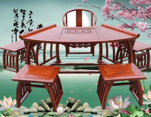 南榆木扇形实木茶桌椅组合套件 功夫茶艺桌茶台茶几 仿古中式家具