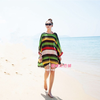 海边渡假 黑白彩色条纹百搭蝙蝠袖雪纺沙滩裙 比基尼罩衫 连衣裙