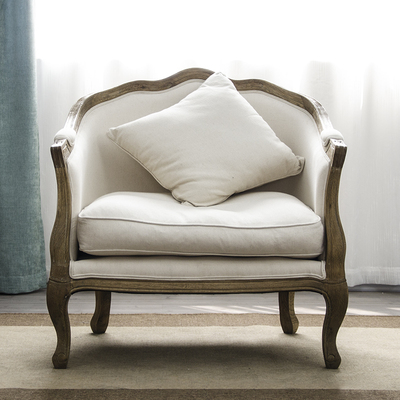 易家 出口法国实木橡木多人沙发组合 仿古水洗白色麻布法式家具
