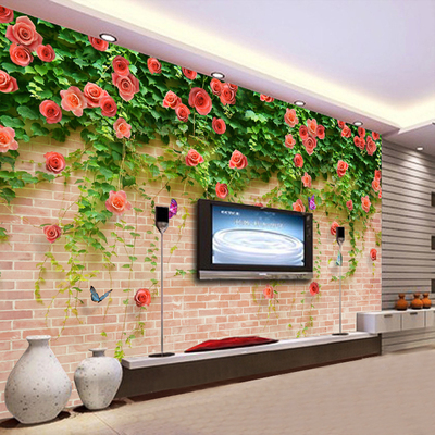 3D大型壁画 无缝客厅卧室电视背景墙纸装修壁纸蔷薇之恋花藤砖墙