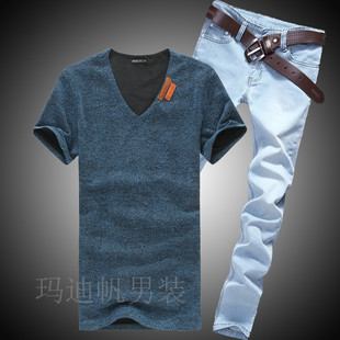 夏季新品男士韩版修身 短袖T恤 男装T恤套装 男士牛仔裤 套餐长裤