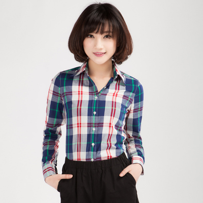 2014春款韩版长袖英伦格子女士衬衣中长款修身棉韩国大码格子衬衫