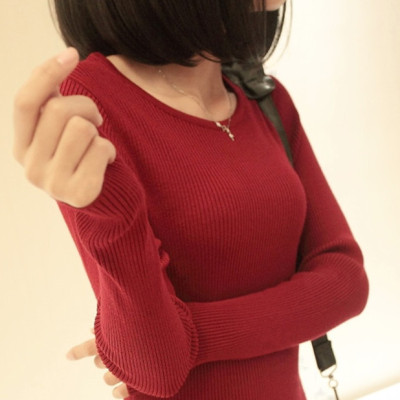 2014春款女装韩版长袖显瘦修身针织衫纯色打底衫外套加厚毛衣