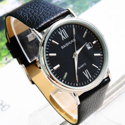 男款石英表带显示日期皮革表带男士电子表简约罗马刻度时尚手表