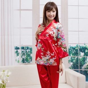 春秋季性感妩媚大红和服风仿真丝绸长袖女人睡衣 套装 包邮