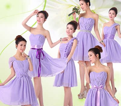 2014新款 伴娘团礼服伴娘服韩版短款姐妹裙结婚小礼服裙紫色绑带