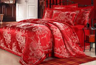 喜庆结婚婚庆床上用品四件套大红色六件套天丝贡缎提花被单被罩