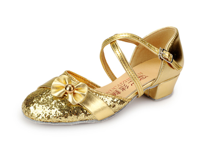 儿童拉丁舞鞋亮片闪金银色带花少儿女童演出舞蹈鞋表演鞋包邮