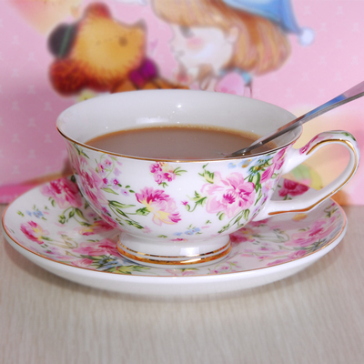 包邮唐山骨瓷创意英伦玫瑰茶杯 陶瓷咖啡杯碟送不锈钢咖啡勺