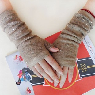 2014韩版秋冬新款女保暖烫钻手腕套手臂套半指护腕加长露指手套