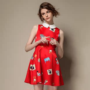 欧洲站2015春夏新款通勤A字裙印花裙女娃娃领修身红色连衣裙
