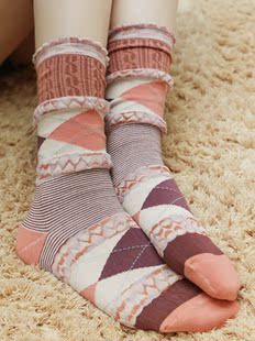 2016春季新款 韩国百搭森林系女孩荷叶边短靴袜子 潮流堆堆袜菱格
