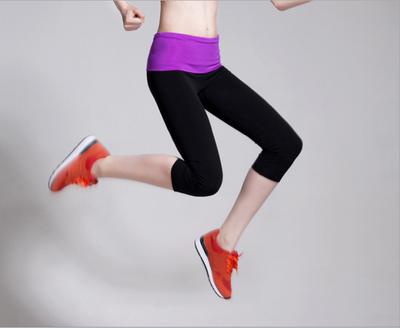 新款莫代尔拼色女弹力运动健身跑步裤瑜伽裤紧身七分裤中裤运动裤