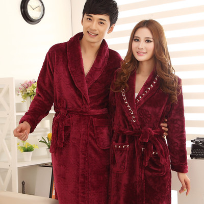 冬季情侣睡袍超柔加厚套装水貂绒高贵紫红睡衣加大码法兰绒家居服