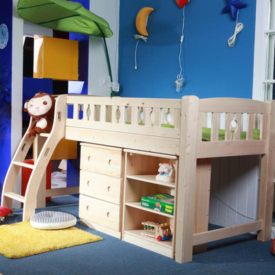 芬兰松木家具松堡 实木1米多功能高低床 半高护栏儿童床