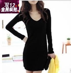 2013秋装新款韩版女装甜美紧身V领长袖打底衫中长款修身长袖T恤女
