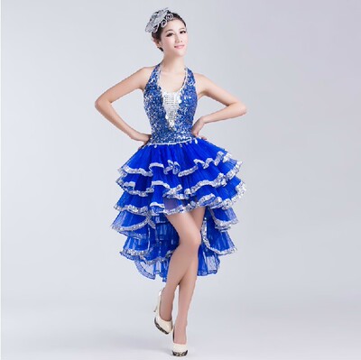 蓝色燕尾摆裙演出服舞台服装女款拉丁舞蹈演出服亮片现代舞演出服