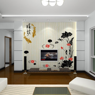 新款试用/中式风格剪纸图案电视客厅沙发玄关墙贴背景/富贵荷花鱼