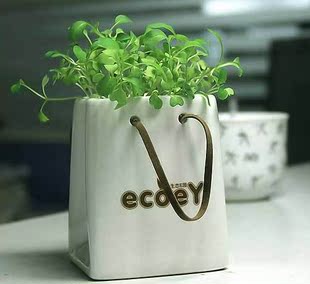 生态E园 负离子防辐射迷你盆栽 创意陶瓷手袋 四叶心形绿色小植物