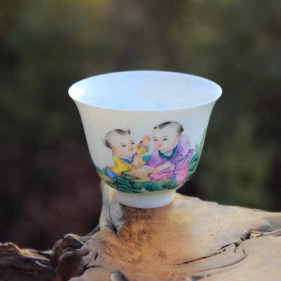 正品 景德镇陶瓷功夫茶具 全手工绘新粉彩薄胎瓷 童子婴戏图茶杯