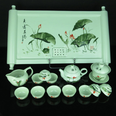功夫茶具套装整套四合一  6人青瓷工夫茶具 带陶瓷茶盘托盘排水管