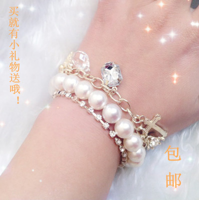 促销 时尚气质女士珍珠水钻硞石挂件多层手链 9.9元江浙沪包邮