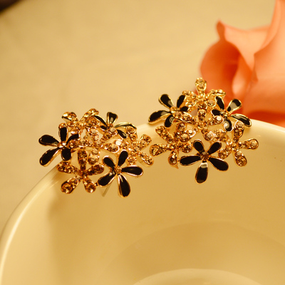 日韩耳饰品时尚花朵镀金镶钻滴油耳钉耳扣耳环女新年会宴舞会婚礼