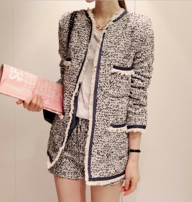 韩国代购2015秋冬新款女装定制小香风羊毛粗花毛呢外套名媛套装