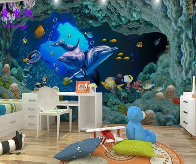 三3D壁画订制特效海底世界绿色环保墙纸壁纸电视背景墙儿童房 pvc
