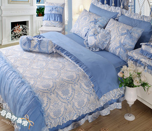 包邮韩式全棉小清新床上用品青花瓷四件套天蓝色纯棉蕾丝花边床罩