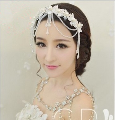 日韩新娘手工水晶珠串流苏发饰额饰结婚蕾丝花朵珍珠头饰婚纱饰品