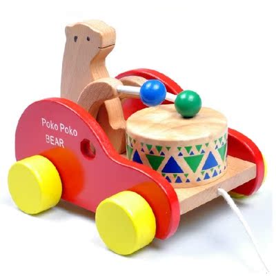 小熊打鼓拖车宝宝木制学步车拉绳过家家玩具2岁以上