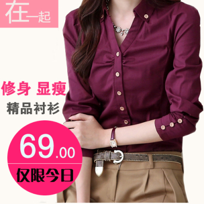 2014新装春款 长袖韩版显瘦衬衫女V领职业装套装OL职业衬衫工作服