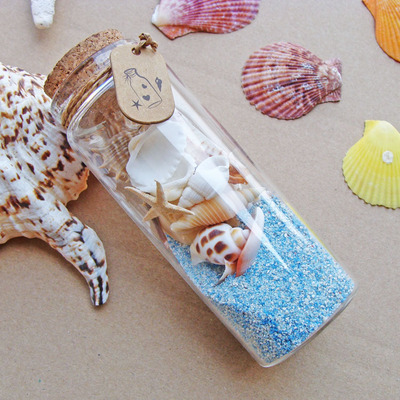 【天天特价】蓝色珊瑚沙漂流瓶玻璃许愿瓶 含蓝色珊瑚沙贝壳海星