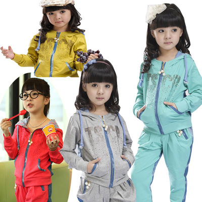 2014春装 韩版 中童大童儿童带帽拉链 烫钻拼牛仔套装 女童2件套