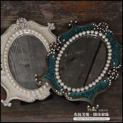 俄罗斯古典台式双面化妆镜 欧式台镜美容镜 金属椭圆形彩绘镜子
