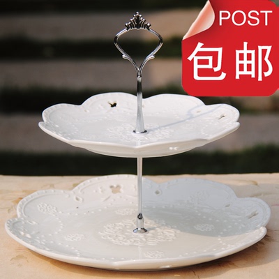 润轩陶瓷 英式茶盘欧式西餐盘白骨瓷陶瓷水果盘三层点心糖果盘子