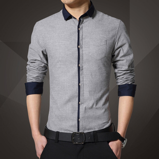 衬衫先生男士长袖衬衫韩版修身青年商务休闲纯棉灰色衬衣大码男装
