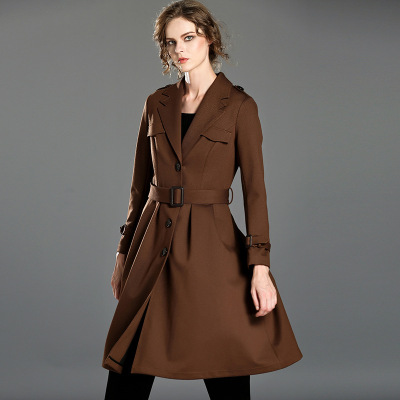 2016女士秋装新款 欧美时尚 英伦净色修身系带中长款风衣外套