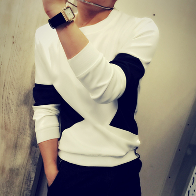 2016春季男士韩版圆领套头修身黑色拼接卫衣青少年长袖打底衫朝