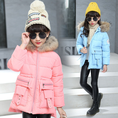 童装2016韩版冬季新款女童中长款手塞棉收腰棉衣儿童连帽加厚外套