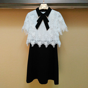 NENOYA春装新款连衣裙中裙上白下黑色蕾丝拼接韩版I600470104