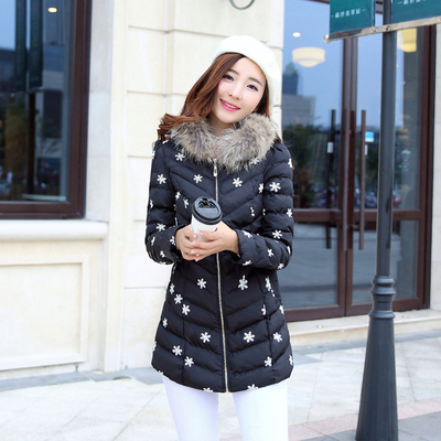 2015冬季新款棉袄女式修身外套中长款棉服雪花片连帽女装
