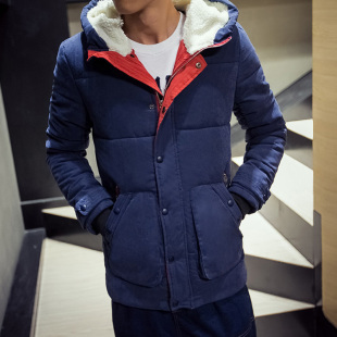 2015冬季新款韩版青年男士羽绒服外套修身连帽加厚保暖中长款棉服