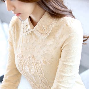 2015秋冬韩版女装娃娃领短款小衫加绒加厚蕾丝打底衫女士长袖上衣