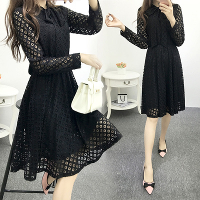 2016春季新款韩版长袖蕾丝连衣裙时尚修身显瘦中长款打底裙女