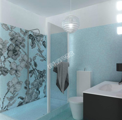 蓝色木棉花 马赛克瓷砖卫生间浴室 简约拼图拼花背景墙贴自粘定制