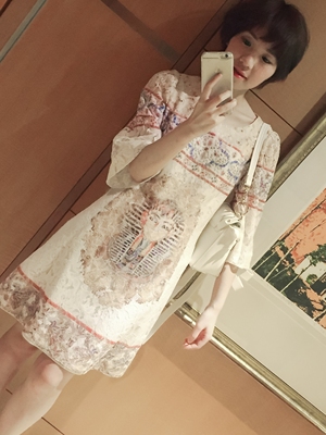 2016新款裙夏季韩版女装修身白色印花气质小清新A字蕾丝连衣裙