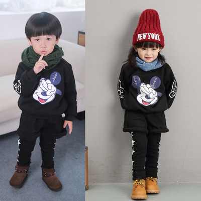 2015新款潮韩版加绒加厚儿童套装男女童星星米奇卡通套装冬季新款