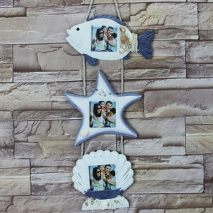 地中海风格装饰相框 木制鱼串海星相框 三联贝壳实木相框